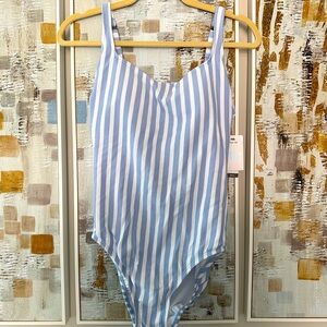 Light blue and white seersucker striped one piece swimsuit